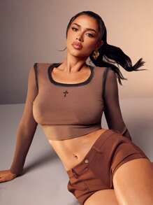 Denimoi Cross Embroidered Washed Long Sleeves Crop Knit Top - Brown - View 4