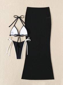 Swim Chiccia Set de 3 piezas Bikini para mujer sexy con top de triángulo micro estilo halter y Bottom de triángulo con atar a los lados y falda pareo larga - Blanco y Negro - Ver 2