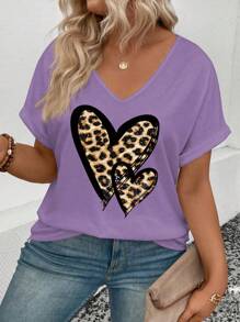 SHEIN VCAY Plus Size V-Neck Short Sleeve Turnup Cuff Leopard & Heart Print Casual T-Shirt
