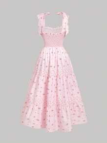 SHEIN MOD 加大码粉色碎花波西米亚风连衣裙：无袖褶皱梭织面料连衣裙，配有系带和荷叶边下摆 - 粉色 - 查看 2