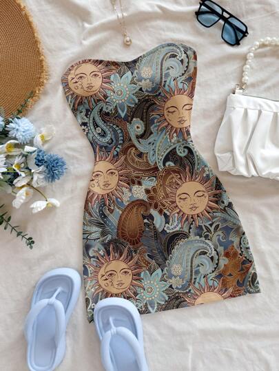 Soleia 夏季女士休闲简约太阳神图案蓝色迷你连衣裙