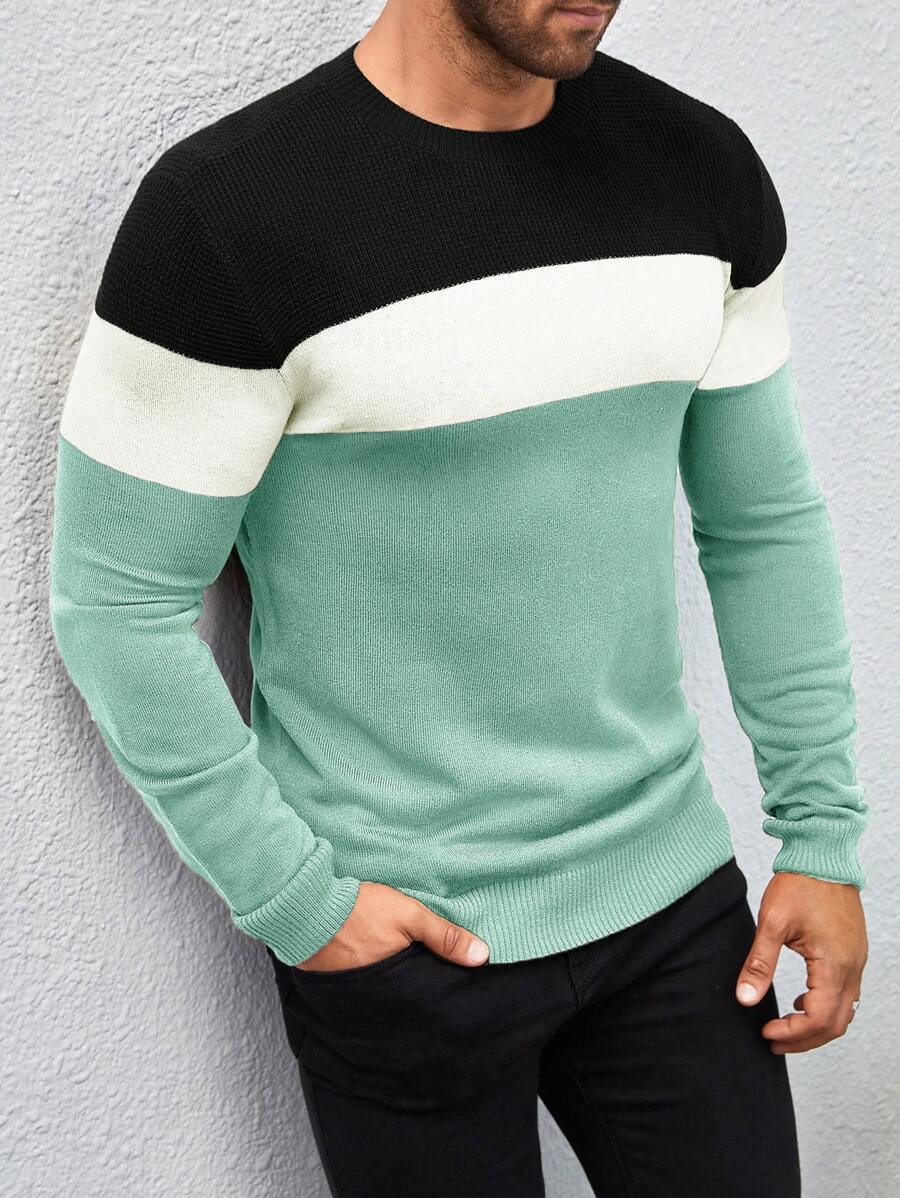 Manfinity Homme Áo len dệt kim cổ tròn tay dài màu sắc đơn giản cho nam mùa thu/đông - Màu xanh nhạt - Xem 1