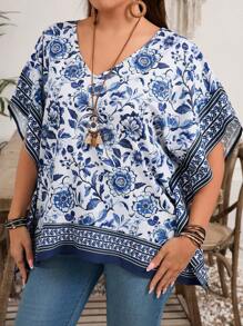EMERY ROSE Plus Size Women Casual Floral Print Bat Sleeve Loose Fit Tunic Blouse - Multicolor - View 3