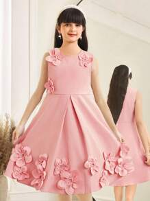 SHEIN Tween Girl Convergence Casual Minimalist Crew Neck Sleeveless Dress With 3D Floral Decor