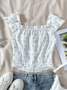 Teen Girl Summer White Ditsy Floral Bow Puff Sleeve Blouse, Versatile White Shirt, Sweet & Cute Summer Blouse