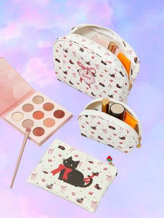 Kawaii Set de 3 bolsas de maquillaje portátiles de gran capacidad con diseño de gato beige lindo, lazo rojo y patrón de fresa