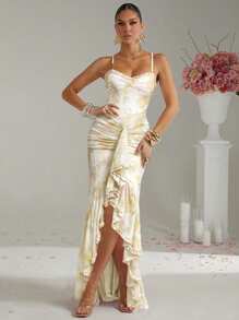 Lumalex 女式水彩玫瑰扎染印花荷叶边下摆不对称修身无袖金属装饰连衣裙 - 黃色 - 查看 1