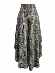 SHEIN LUNE Plus Size Full-Print High Waist Asymmetric Hem Casual Pants - Multicolor - View 4