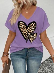 SHEIN VCAY Plus Size V-Neck Short Sleeve Turnup Cuff Leopard & Heart Print Casual T-Shirt