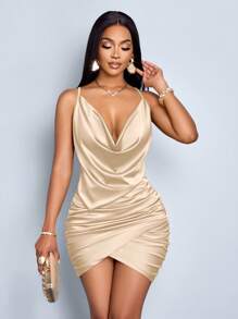 SOLERSUN Elegant Solid Color Draped Collar Backless Ruched Satin Party Bodycon Short Dress - Apricot - View 4