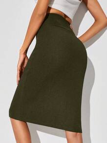 SHEIN Tall Women's Elegant Army Green Knee Length Pencil Skirt With Zipper Detail - Army Green - View 2