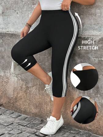 SHEIN LUNE Women Plus Size Side Stripe Detail Casual 7/8 Leggings Summer Outfits For Women Sweatpants Women Vacation Outfits Women Stylish Everyday Wear Plus Size Women Clothes