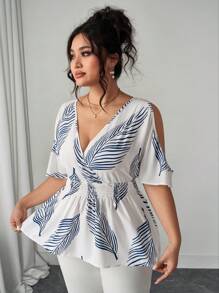 Elenzga Plus Size Women's V-Neck Short Sleeve Crossover Tie Waist Tropical Leaf Print Navy Blue Boho Summer Vacation Holiday Casual Blouse,Flowy Hem Tops - White - View 4