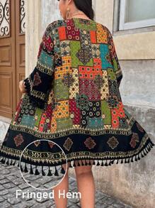 SHEIN LUNE Plus Size Vintage Print Tasseled Kimono For Holiday Casual Wear Summer Outfits For Women Rave Outfits Vacation Outfits Women Cardigan Beach Outfits For Woman Plus Size Women Clothes Retro Printed Cardigan Sun Protection Clothing Hem Tassel Lace Mother Day - Multicolor - View 2