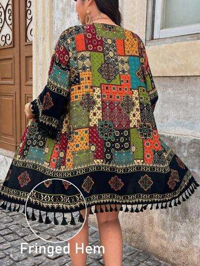 SHEIN LUNE Plus Size Vintage Print Tasseled Kimono For Holiday Casual Wear Summer Outfits For Women Rave Outfits Vacation Outfits Women Cardigan Beach Outfits For Woman Plus Size Women Clothes Retro Printed Cardigan Sun Protection Clothing Hem Tassel Lace Mother Day