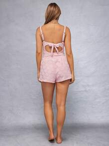 WESTFADE Summer Seashell Beach Knit Terry Cloth Mid Rise Elasticized Cute Drawstring Bow Tie Waist Snap Button Dolphin Hem Relaxed Shorts Spring Beach Vacation - Pink - View 2