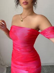 Elenzga Women's Elegant Off Shoulder Tie-Dye Slit Fitted Dress, Autumn Maxi Women Outfit - Watermelon Pink - View 5