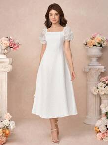 Pitira Pitira 少女优雅花卉刺绣撞色网眼方领泡泡袖连衣裙，适合派对/活动穿着 - 白色 - 查看 3