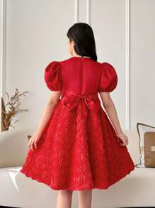 青少年女孩梭织圆领修身短袖A字休闲连衣裙 - 紅色 - 查看 5