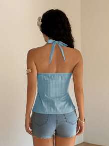 Sunnyshic Áo hở vai xếp ly màu trơn đơn giản mùa hè cho nữ - Màu xanh nhạt - Xem 2