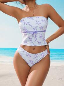 Swim Mod Women's Ditsy Floral Halter Tankini Swimsuit Set, Spring/Summer - Mauve Purple - View 3