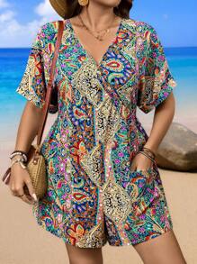 SHEIN LUNE Plus-Size Women Summer Paisley Print Holiday Jumpsuit For Women
