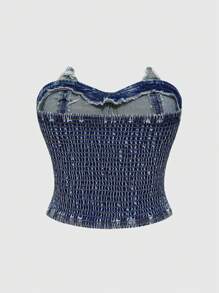 ROMWE Grunge Punk Women Y2K Star Embroidery Denim Blouse - Blue - View 4