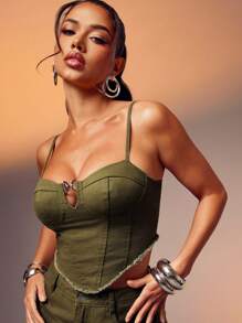 Denimoi Sexy Fryed Hem Denim Corset Top For Summer - Olive Green - View 1