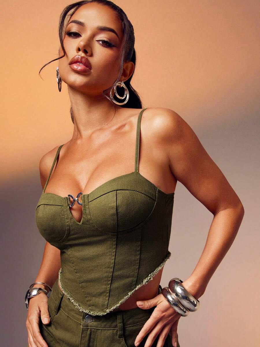 Denimoi Sexy Fryed Hem Denim Corset Top For Summer - Olive Green - View 1