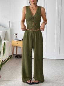 SHEIN EZwear 夏季绿色军风针织背心和裤子套装 - 軍綠色 - 查看 6
