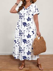 EMERY ROSE Đầm tay ngắn cổ chữ V in hoa cỡ lớn cho nữ, phong cách thường ngày phù hợp cho mùa hè - Nhiều màu - Xem 5