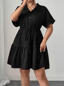 Elenzga 大码宽松休闲衬衫式连衣裙，细节丰富