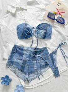 Swim Mod 3-Piece Set Denim Effect Bandeau Swimsuit For Summer Beach Vacation - Multicolor - View 1