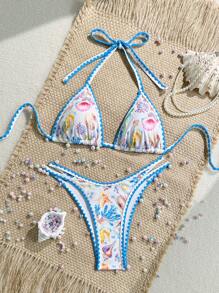 SHEIN Swim 2pcs/Set Women Random Print Triangle Bikini And Swimsuit Set, Casual Beach Resort Wear Summer - Multicolor - View 1