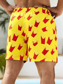 Surfspeed Men's Summer Vacation French Fries Print Drawstring Waist Beach Shorts - Multicolor - View 2