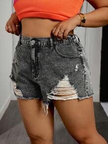 SHEIN SXY Plus Size Plain Pocket Distressed Fringed Sexy Denim Shorts - Grey - View 4