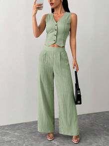 SHEIN PETITE Women's Casual Two-Piece Outfit: Mint Green Woven Fabric V-Neck Sleeveless Crop Top And Wide-Leg Pants Set With Pockets - Mint Green - View 4