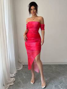 Elenzga Women's Elegant Off Shoulder Tie-Dye Slit Fitted Dress, Autumn Maxi Women Outfit - Watermelon Pink - View 3