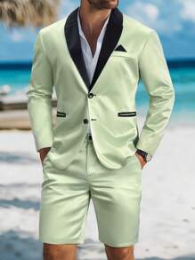 Calvornis Men's Business Gentleman Contrast Color Single Breasted Suit Jacket & Pants Set Prom Suits For Men - Green - View 1