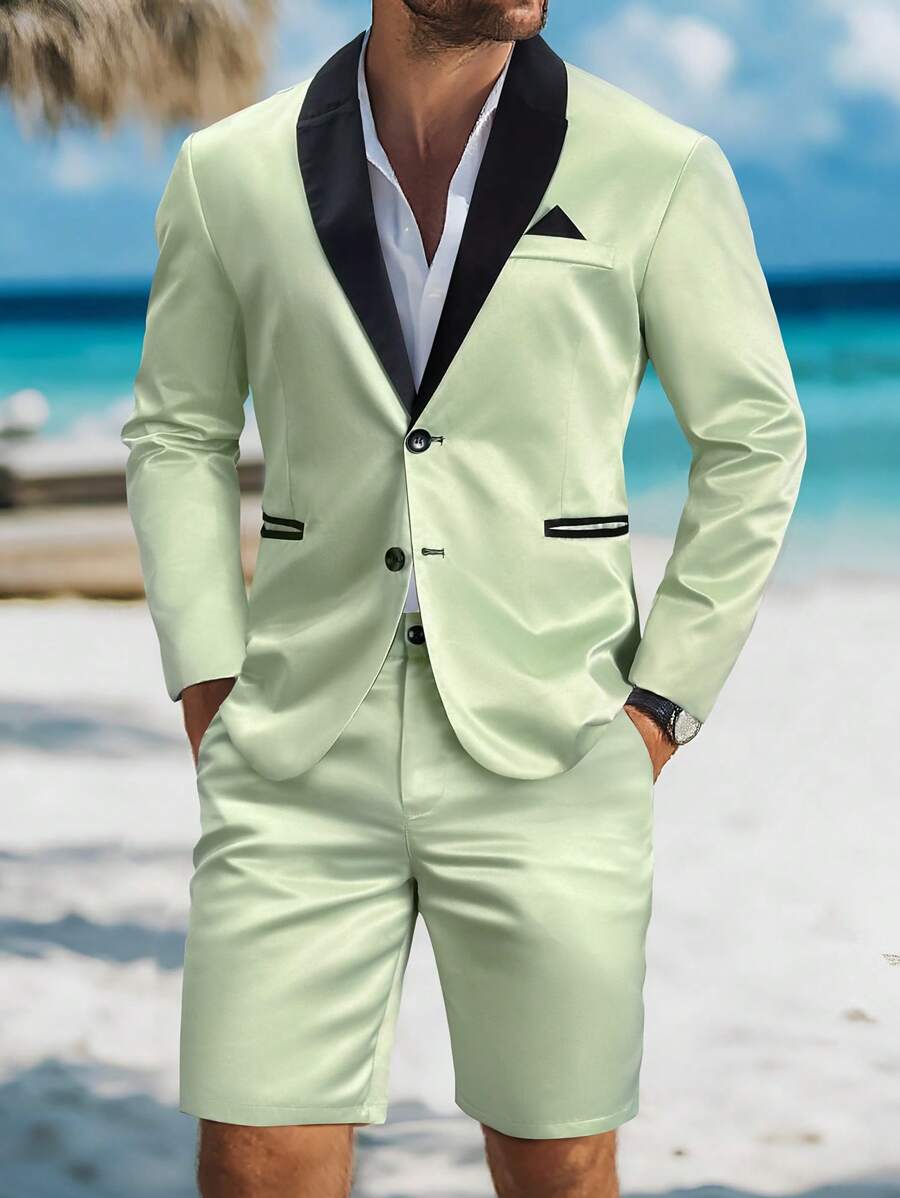 Calvornis Men's Business Gentleman Contrast Color Single Breasted Suit Jacket & Pants Set Prom Suits For Men - Green - View 1