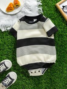 SHEIN 新生男宝宝可爱夏季休闲条纹短袖连体衣 - 彩色 - 查看 3