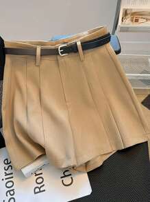 Franclia Women's Pleated Casual Shorts, Solid Color, Fashion, Suitable For Summer - Khaki - View 1