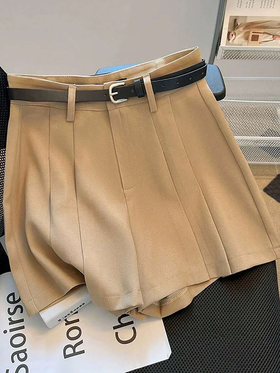Franclia Women's Pleated Casual Shorts, Solid Color, Fashion, Suitable For Summer - Khaki - View 1