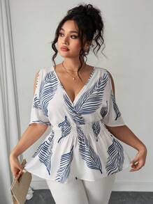 Elenzga Plus Size Women's V-Neck Short Sleeve Crossover Tie Waist Tropical Leaf Print Navy Blue Boho Summer Vacation Holiday Casual Blouse,Flowy Hem Tops - White - View 7
