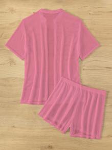 Swim Basics 2pcs/Set Women Solid Color Short Sleeve Top And Elastic Waist Shorts With Cover Up For Summer Beach Vacation - Pink - View 7