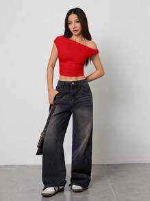 SHEIN PETITE Women's Red Knitted Casual Crop Top With Asymmetrical Neck And Short Sleeves - Red - View 7