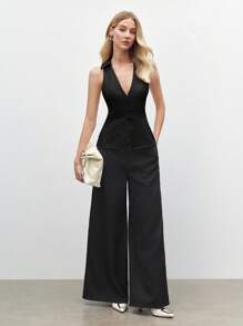 BizChic 春夏新款翻领前扣女式马甲，优雅都市通勤日常百搭90年代复古风，适合圣诞节、新年、情人节派对、海滩、毕业典礼、时尚嘉年华、假日、婚礼宾客、早午餐、机场等多种场合。 - 黑色 - 查看 2