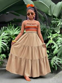 SHEIN Leap Crew Tween Girls' Holiday Casual Woven Splicing Wavy Striped Camisole Dress - Apricot - View 7