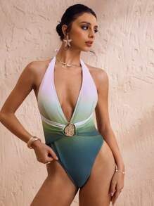 Swim Oasis 2pcs Women's Elegant Sexy Deep V-Neck Ombre Graphic Print Wireless Metal-Free High Neck One-Piece Swimsuit & Mesh Maxi Skirt 3D Set For Summer Beach Vacation - Green - View 3