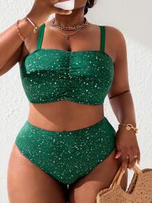 Slaydiva Plus Size Women 2Pcs Glittery Green Beach Vacation Spaghetti Strap Crop Top & Bottoms Bikini Set For Summer - Green - View 3